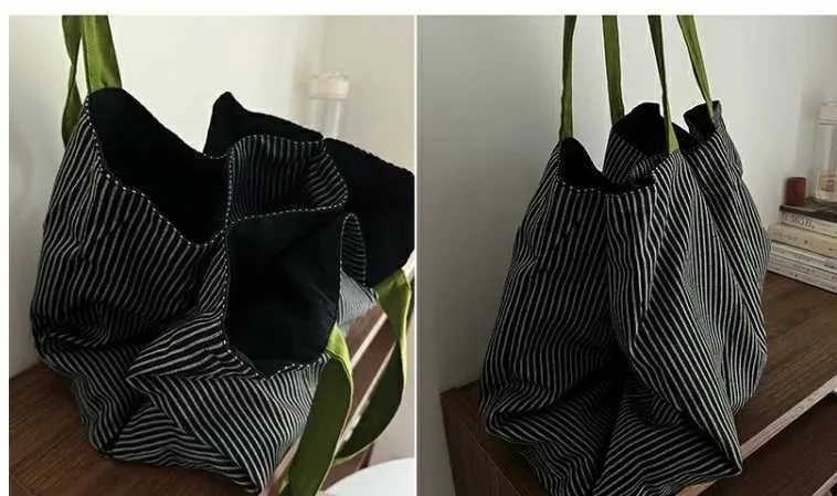 Borsa a tracolla semplice a righe in tela con design a doppio strato, grande capacità, pieghevole, da viaggio sC241031_voghion.com