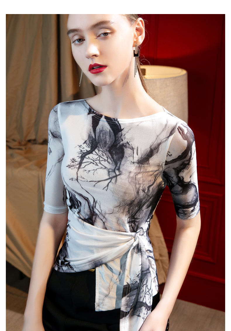 Abbigliamento da donna estate nuovo stile maglia stampata top irregolare elegante cinturino in vita bella piccola maglietta_voghion.com