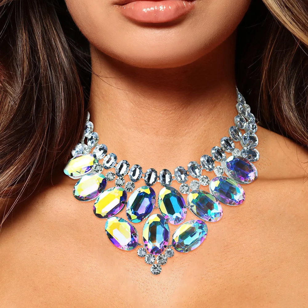 Collane con ciondolo Collana girocollo in cristallo di alta qualità con dichiarazione di personalità, orecchini, set di gioielli con strass, regalo di nozze_voghion.com