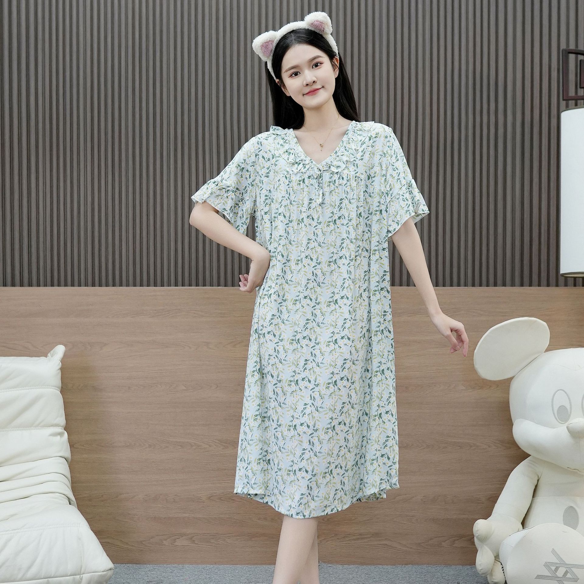 Pigiami da donna Camicia da notte in cotone e seta, da donna, stampata, con piccoli fiori, a maniche corte, da casa, sottile_voghion.com