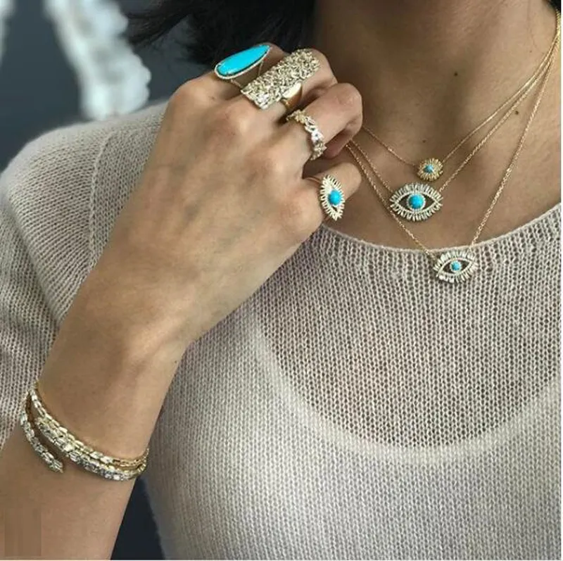 Trendy Gold Plated Turkish Necklace Lucky Girl Gift Baguette Cubic Zirconia Turquoise Geomstone Top Quality Evil Eye_voghion.com