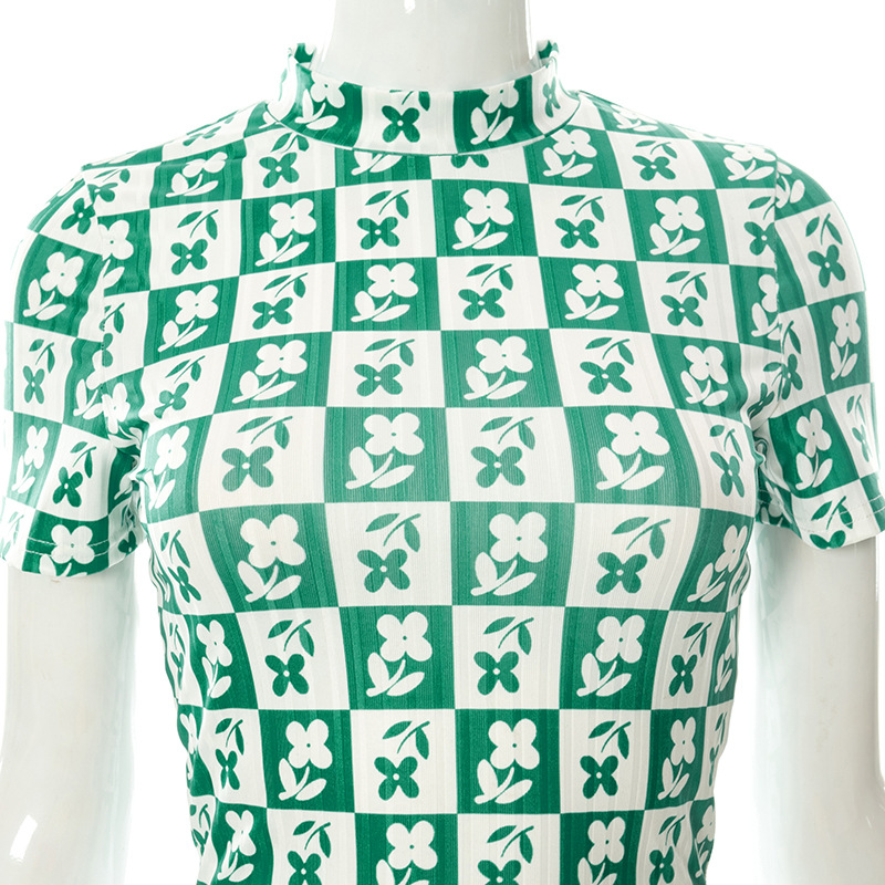 D21TP4722024 Summer New Contrast Printed Round Neck Pullover Short Sleeve Open Navel Casual Women's Top_voghion.com