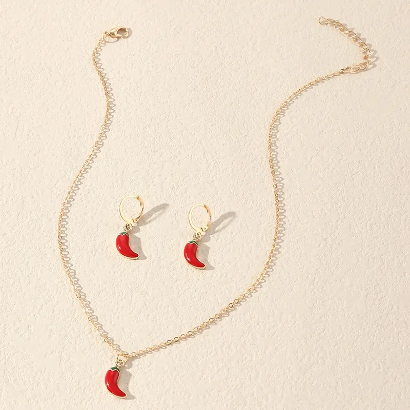 Collana Orecchini Set Coreano Carino Piccolo Rosso Smalto Ciondolo Clavicola Catena Con Peperoncino Gioielli Donna Festa_voghion.com