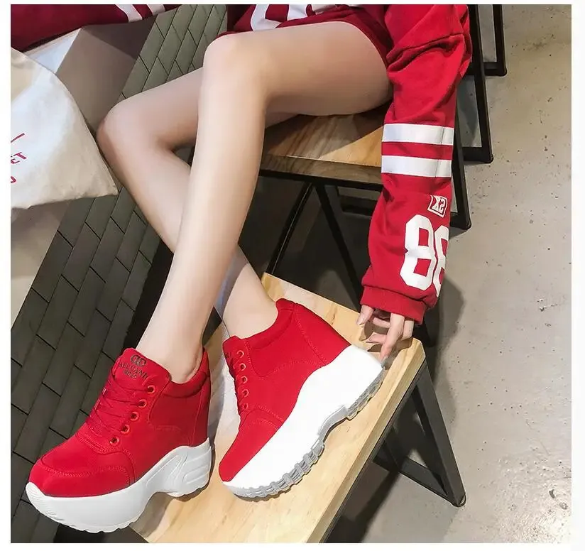 Women's Platform Sneakers Leather Chunky Trainers White Wedges_voghion.com