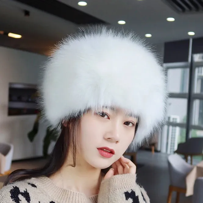 Female Russian T fox fur with earmuffs ski winter Rlight white womens hat 240914_voghion.com