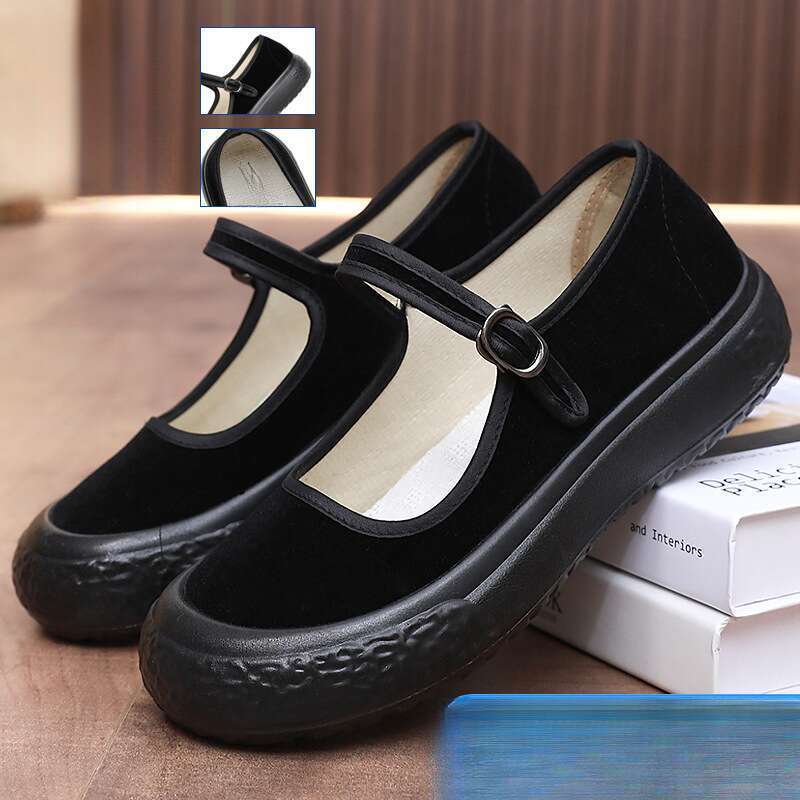Sapatos de dança cerimonial de hotel com sola grossa feminina, sapatos de mãe, tecido preto_voghion.com