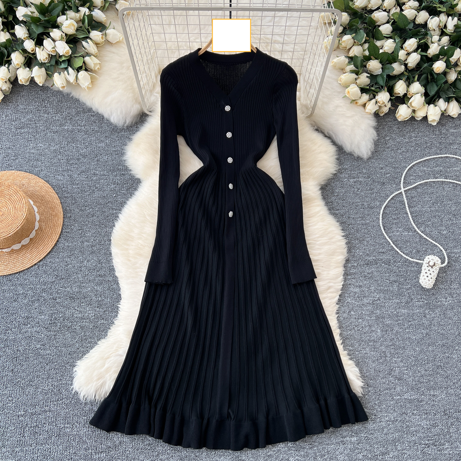 Women's Clothing Autumn and winter inner knitted dress for women, elegant and high end V neck single breasted waist slimming sweater long skirt