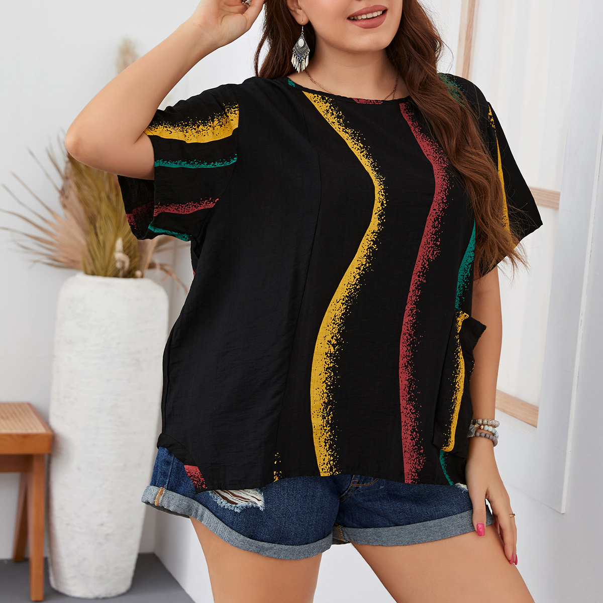 Women's striped contrast color large size women's shirt slim round neck women's clothing_voghion.com