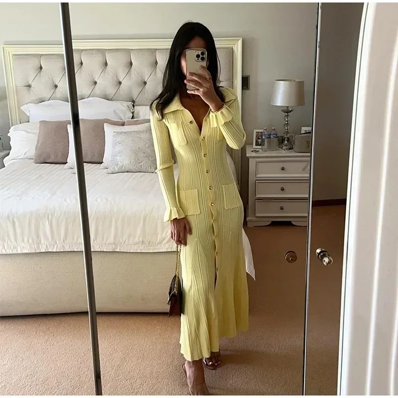 Vestido de punto con escote en V y volantes de gran venta para mujer