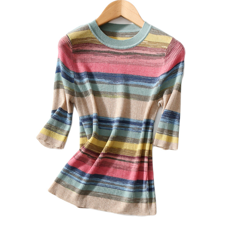 Pull en laine ultrafine pour femme, coupe cintrée, assorti avec tout, manches mi-longues, haut élastique à rayures arc-en-ciel, printemps et été_voghion.com