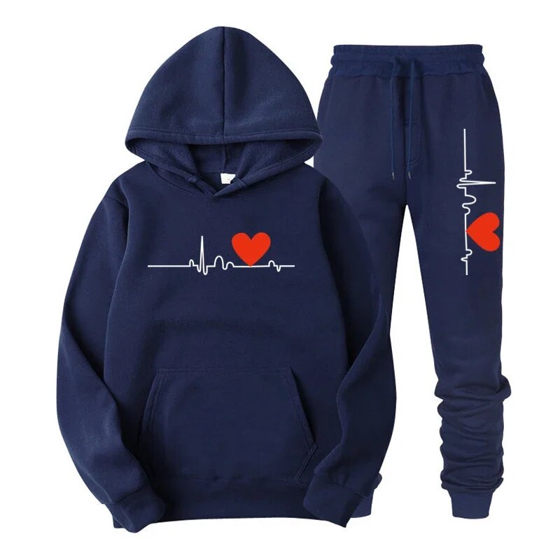 Herr Hjärttryck Luvtröjor Sportkläder Set Man 2-delad Sweatshirt och träningsbyxor Kostymer Design Hooded Trainingsuit Man_voghion.com