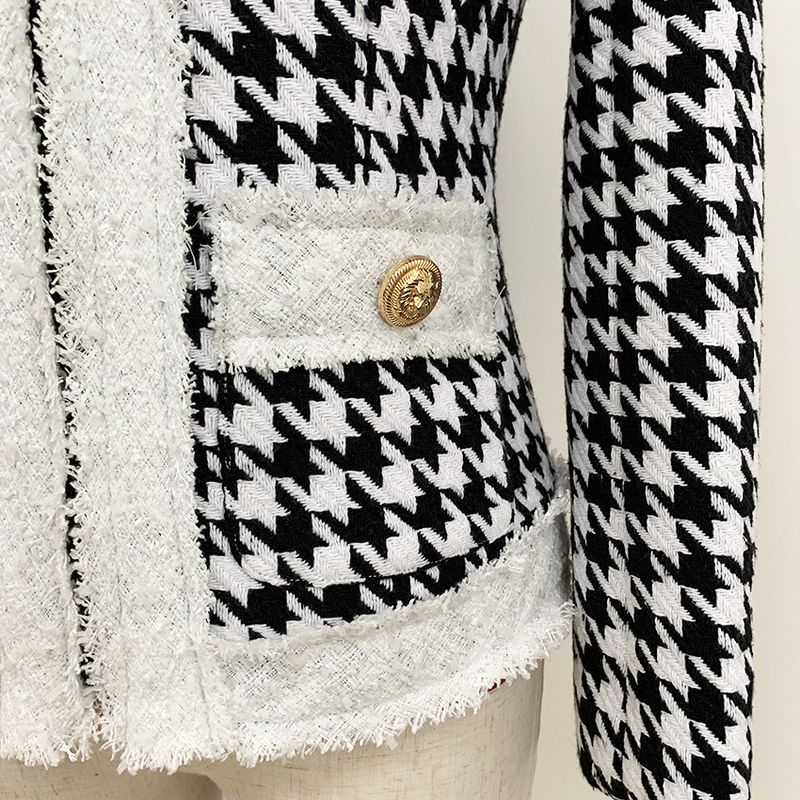 Women's Clothing autumn and winter star round neck zipper houndstooth fringed tweed jacket short coat_voghion.com