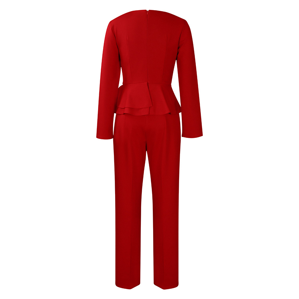 Damenmode OL-Set mat gerüschtem V-Ausschnëtt an Tops an Hosen aus zwee Deeler_voghion.com