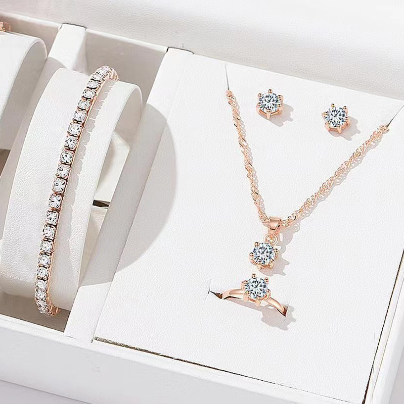 New simple round zircon pendant earrings hand jewelry set 4 piece set Net celebrity all match zircon necklace female