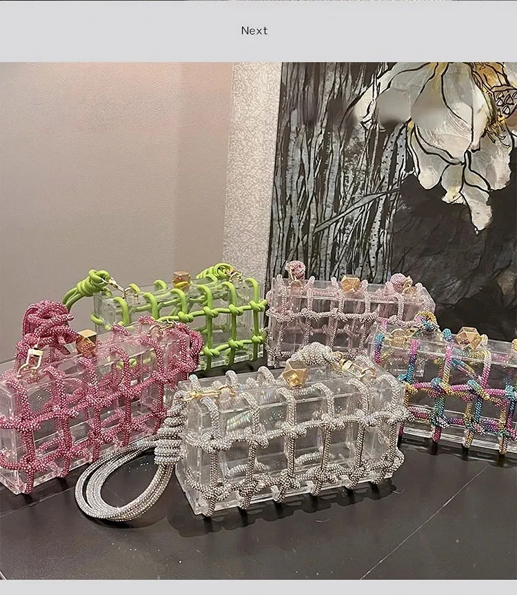 Dia átlátszó akril dobozos esti kuplungtáskák női butik szőtt csomózott kötél rhie pénztárcák és kézitáskák esküvői parti_voghion.com