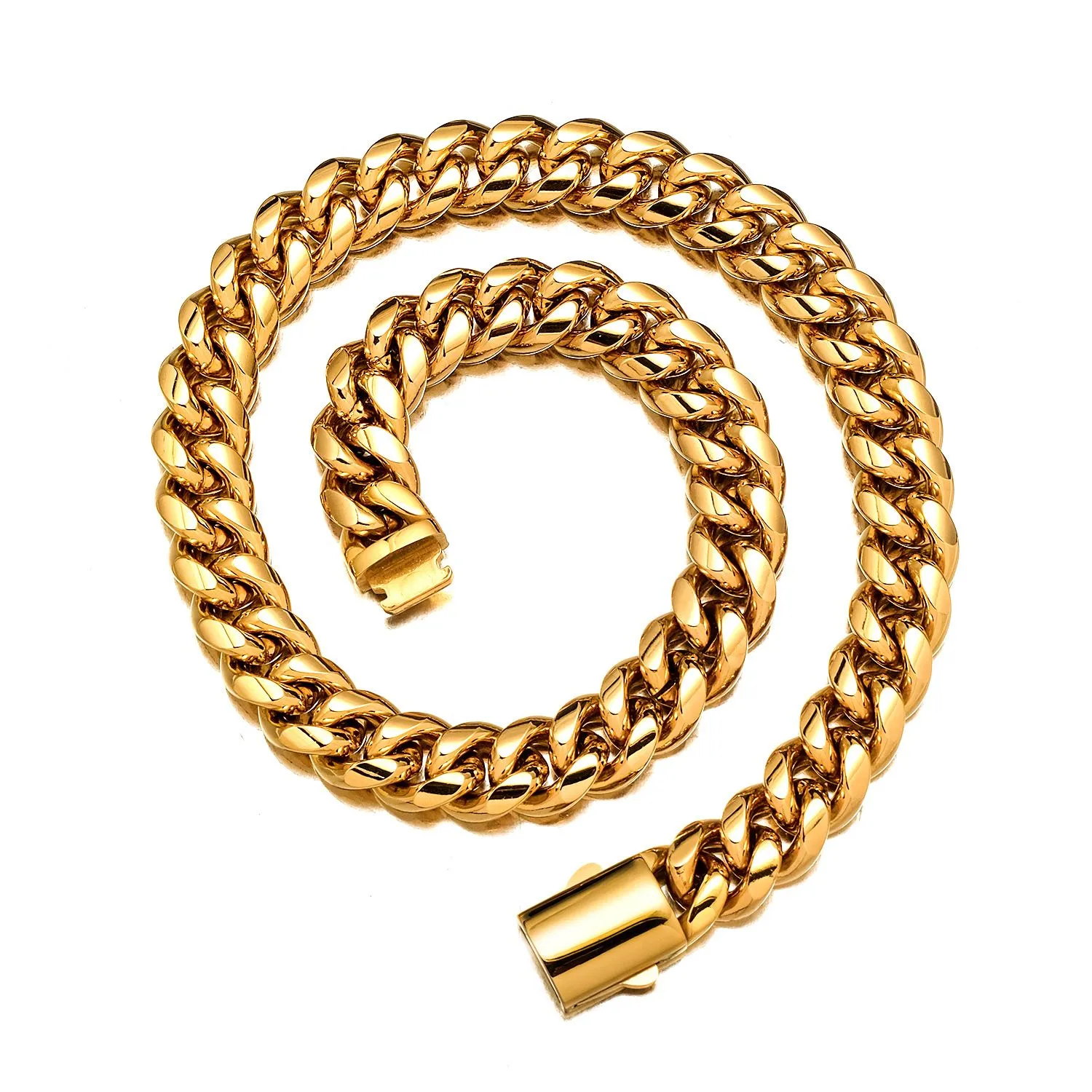 Collana con catena a maglie cubane Miami in acciaio inossidabile Hip Hop da 6 mm a 14 mm, set di gioielli con accessori placcati in oro liscio_voghion.com