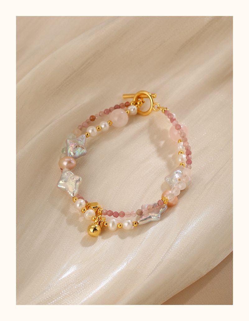 Braccialetto alla moda barocco da donna francese irregolare esotica con perle a doppio strato e fibbia OT in tormalina rosa_voghion.com