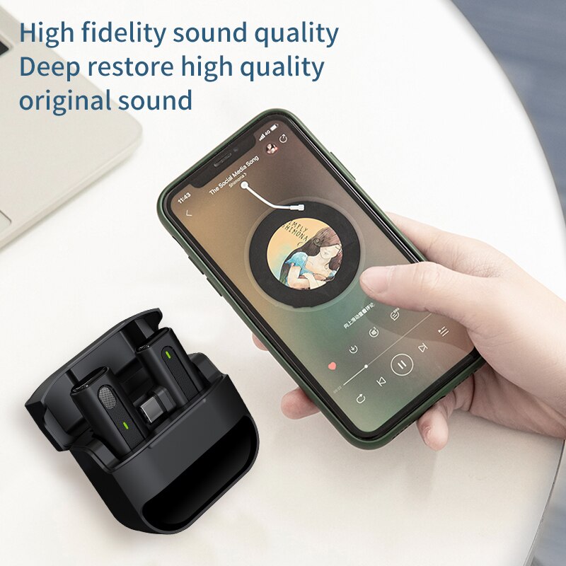 Wireless Microphone Lavalier Mic Noise Reduction Live Interview Mobile Phone Recording for iPhone Type C Charging Box_voghion.com