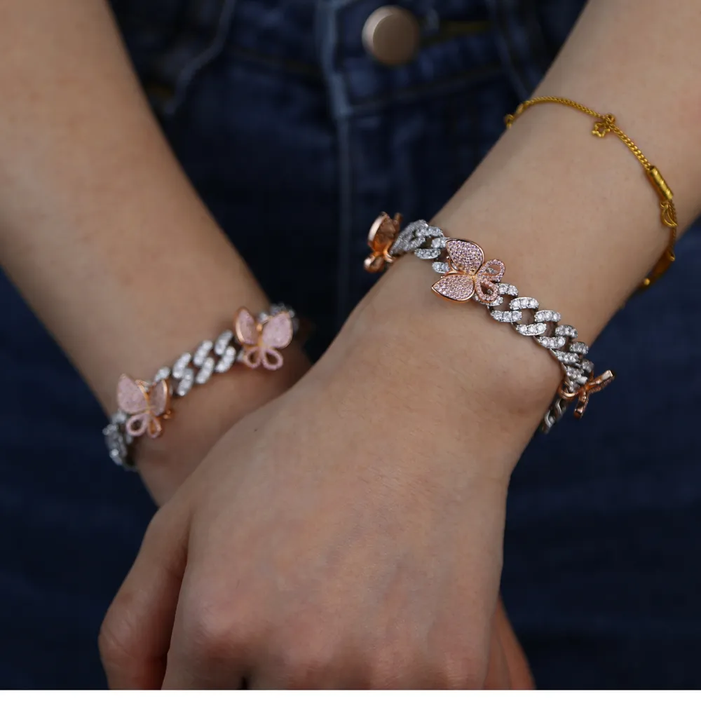 gül gümüş rengi cz küba bacak zinciri moda kadın bling buzlu bağlantı pembe kelebek bilezik takı_voghion.com