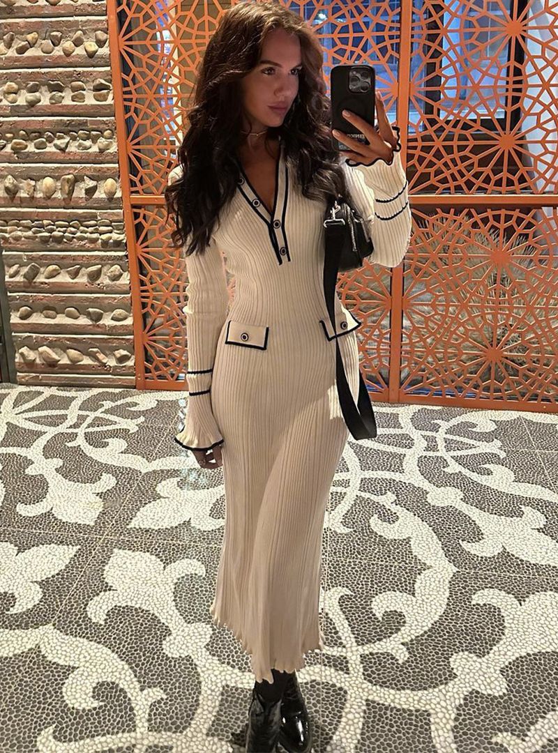 Women's Clothing Ruffled knitted dress long sleeve lapel button earrings_voghion.com