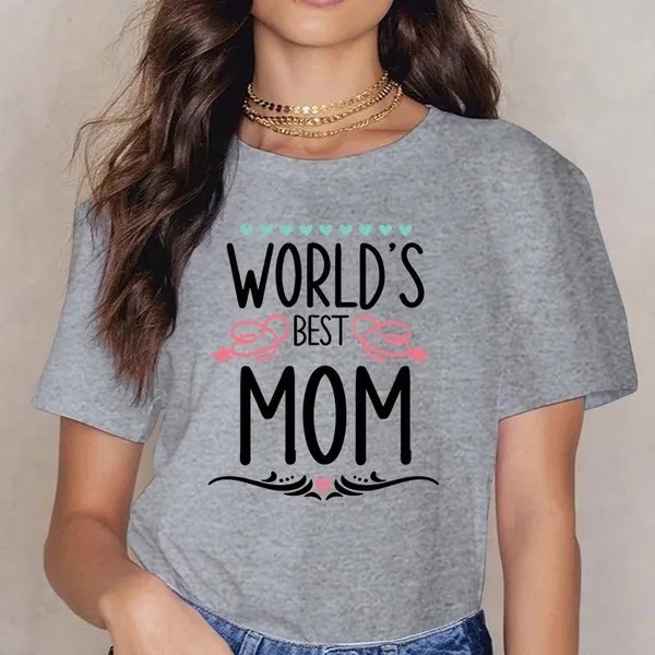 Camiseta de mujer con cuello redondo y manga corta con estampado del Día de la Madre_voghion.com