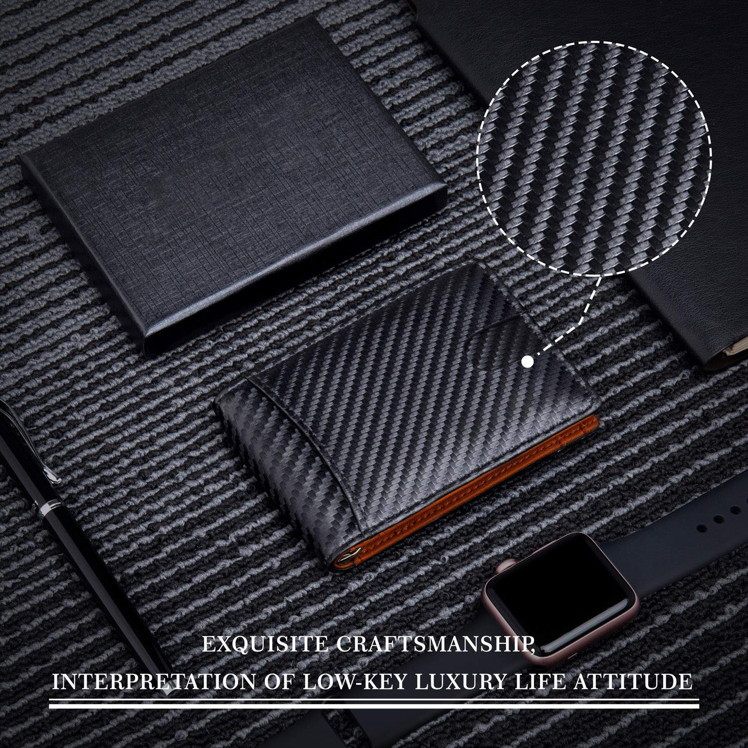 Herrentaschen RFID-Kartenhalter aus Kohlefaser, Mikrofaser, echtes Leder, mehrere Kartenfächer, Dollarclip, Münzgeldbörse, Herren-Kreditkartenhalter_voghion.com