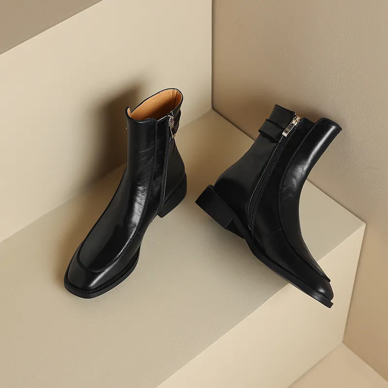 2024 New Autumn Square Toe Low Heel Women Shoes Genuine Brown Ankle Block Retro Leather Boots 3d39_voghion.com