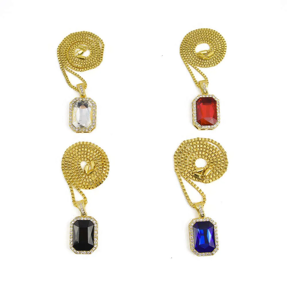 Hip Hop Diamond Square 4.5 * 2.5 Red Alloy Pendant Hiphop Men's Necklace_voghion.com