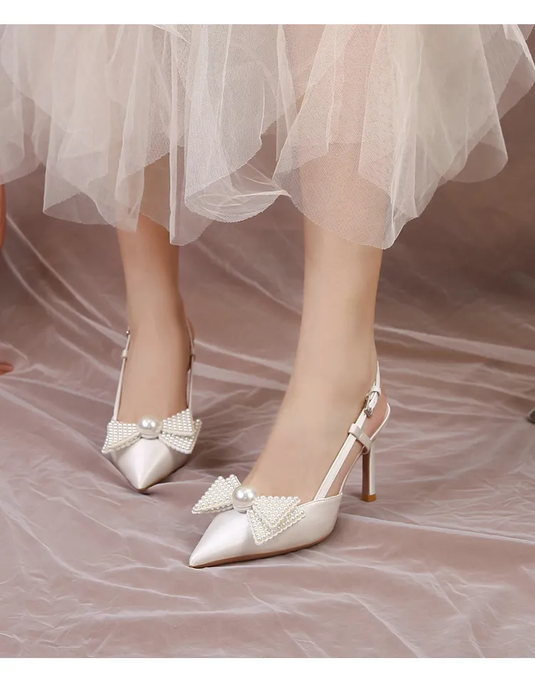 Hochzeit Französisch Frauen 2024 Neue Weiße Brautjungfer Schuhe Bogen High Heels Eleganz Sandalen E336_voghion.com