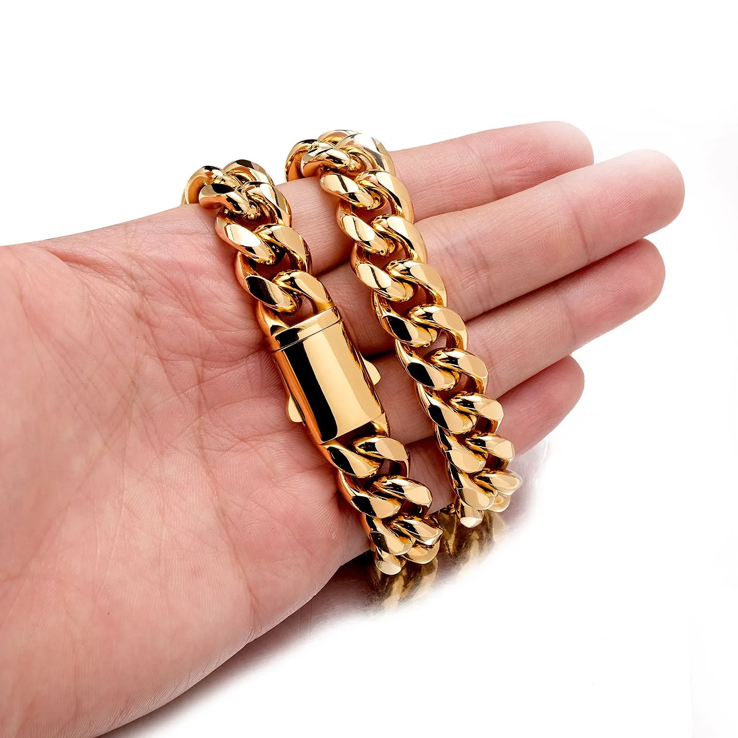 Collana con catena a maglie cubane Miami in acciaio inossidabile Hip Hop da 6 mm a 14 mm, set di gioielli con accessori placcati in oro liscio_voghion.com
