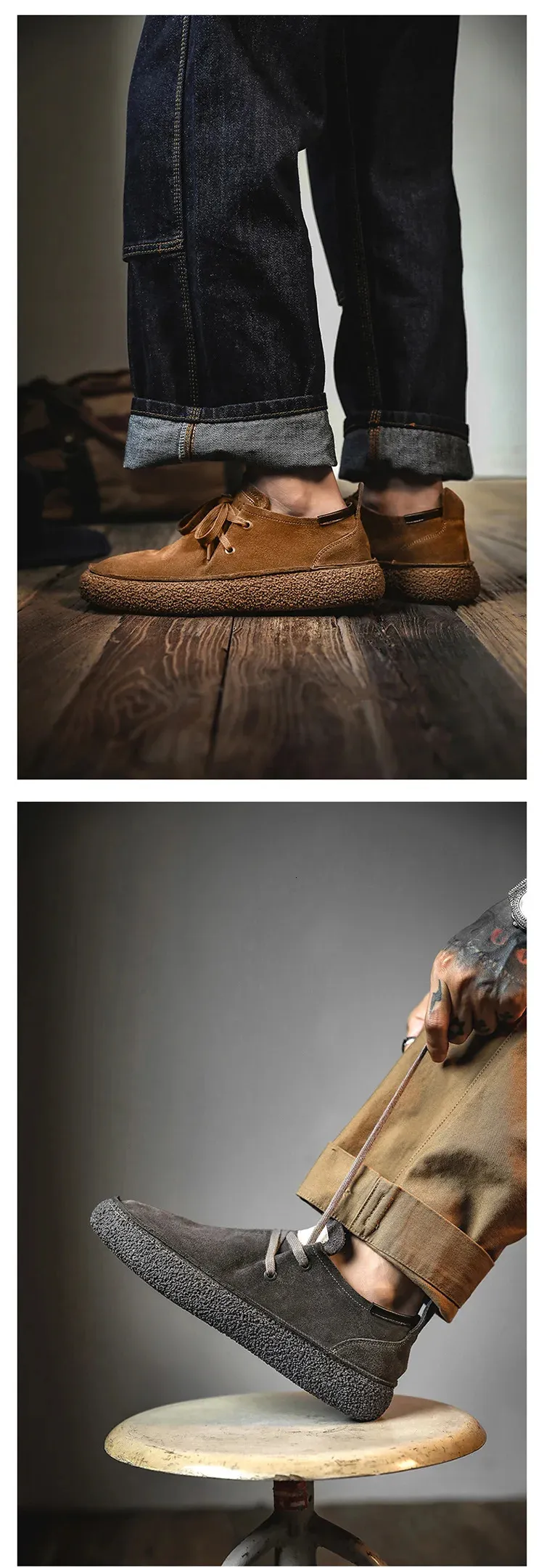 Mocassins plats confortables et décontractés à lacets faits à la main en cuir de vachette suédé de qualité pour hommes_voghion.com