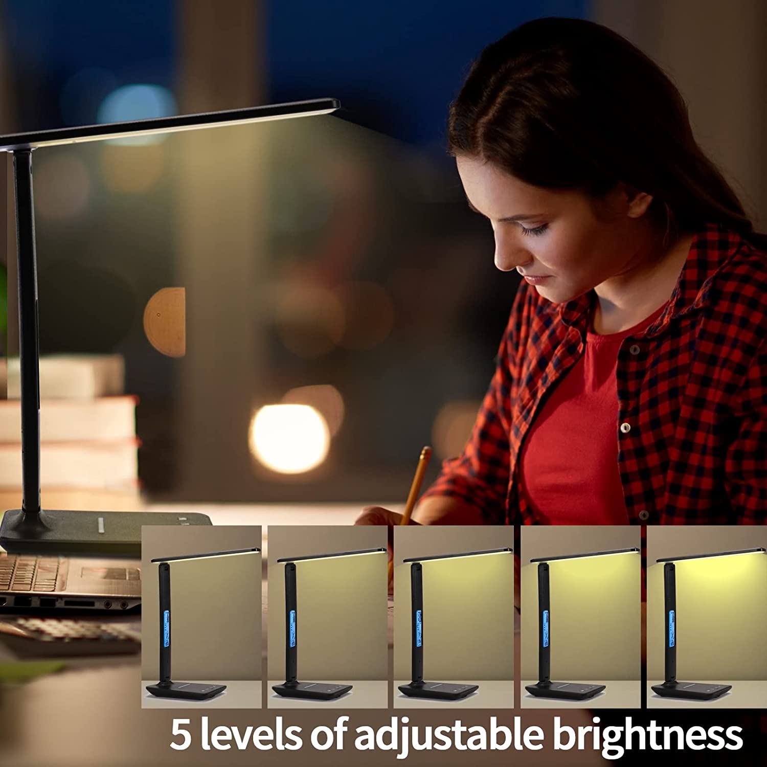Lampada da tavolo a LED 10W QI Ricarica wireless con orologio Data Sveglia Dimmerabile Protezione degli occhi Lampada da tavolo per lettura per ufficio Studio_voghion.com