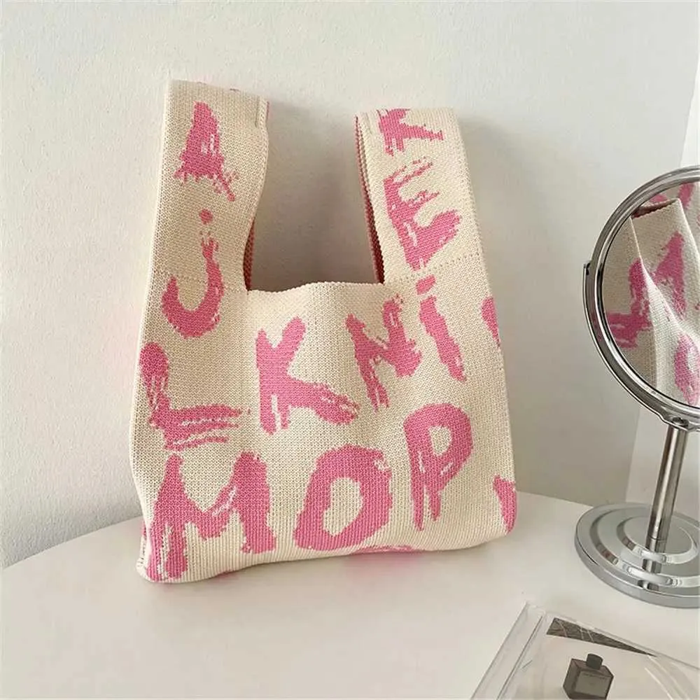 Handgemachte gestrickte gewebte Handgelenk lässige kleine Handtasche wiederverwendbare Einkaufstasche für Mädchen Y241106_voghion.com