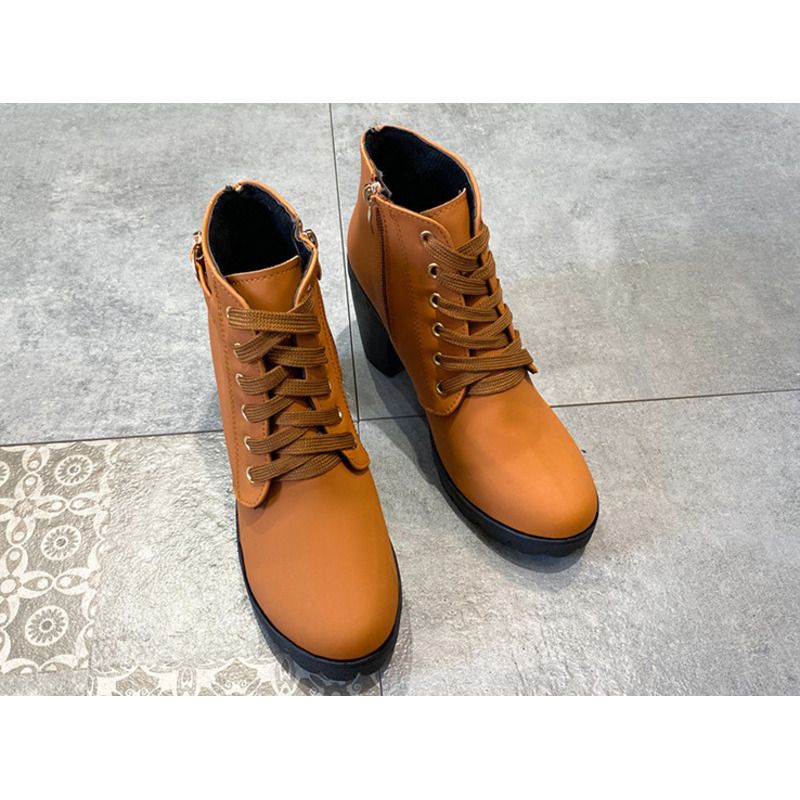 Herbst High Single Gürtelschnalle Schuhe Dicker Absatz Kurzer runder Kopf Martin Damen Schnürung und nackte Ritterstiefel_voghion.com
