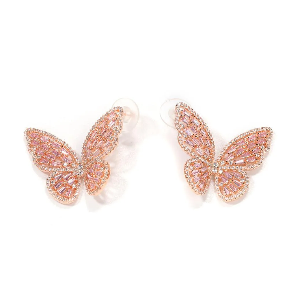 Boucles d'oreilles papillon en zircon cubique en or rose personnalisées, 4 couleurs, nouvelle mode punk, boucles d'oreilles à tige en diamant scintillant_voghion.com