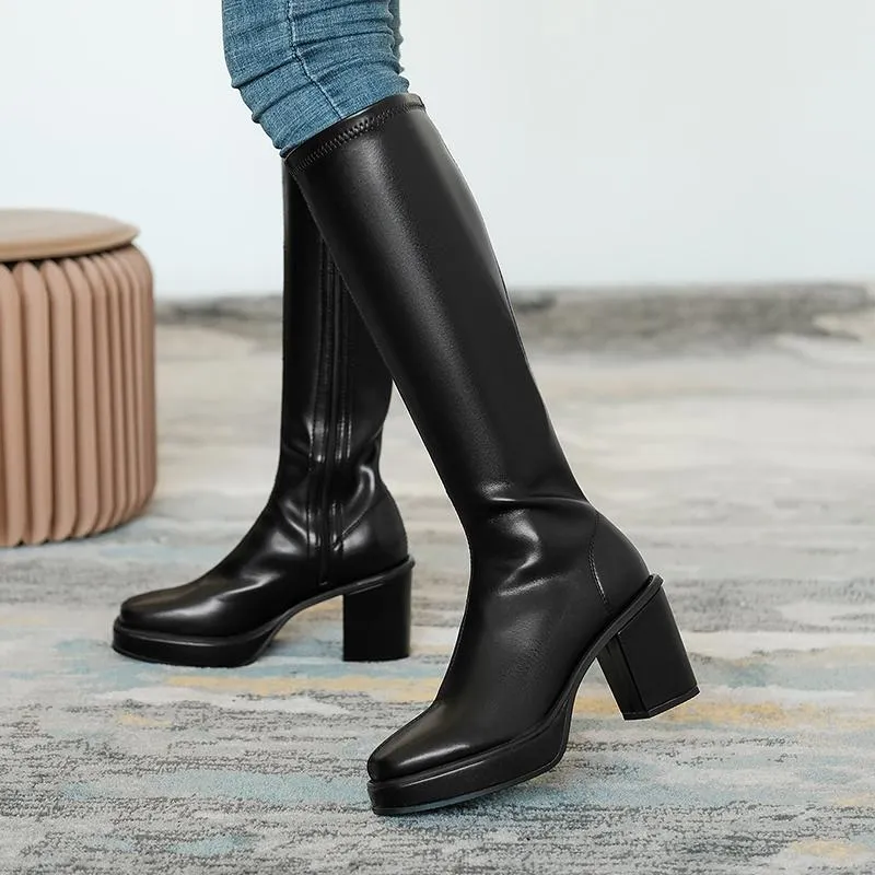 Knee Boots Heel Women's Square Below 2024 Winter Solid Color Fashion Warm Women Shoes Comfortable With Side Z 55_voghion.com
