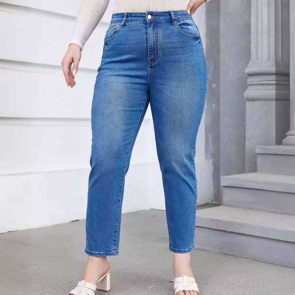 Women's Clothing Plus Size Denim Harem Pants European American Style Stretch Tapered Pants For Chubby Women Extra Large Size_voghion.com