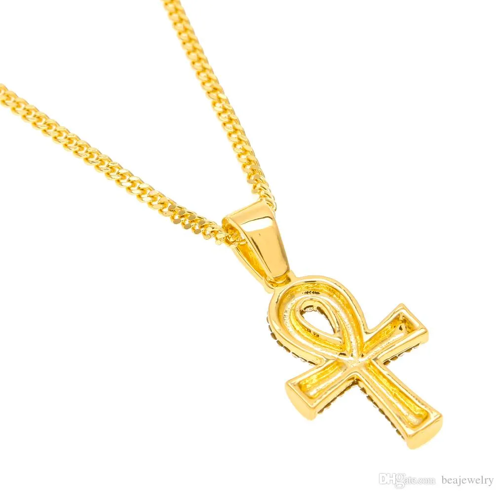 Neue Mode Ägyptischen Ankh Schlüssel des Lebens Bling Strass Kreuz mit Rot Rubin Anhänger Halskette Set Männer Hip Hop Schmuck Geschenk_voghion.com