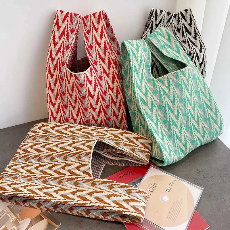 Portafoglio giapponese semplice lavorato a maglia, grande capacità, in tessuto semplice, Fi, mini borsa da polso con nodo, borsa riutilizzabile Y241106_voghion.com