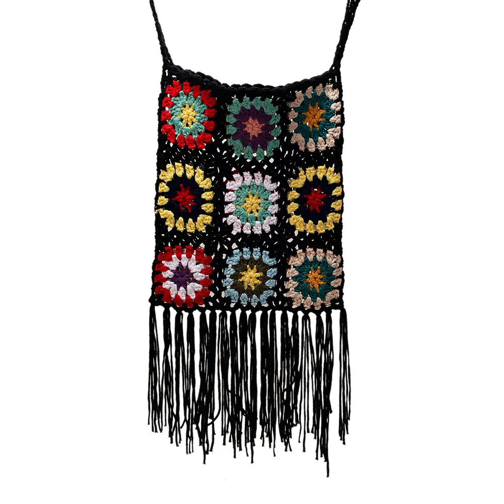 Borsa a tracolla da donna in maglia a traliccio con nappa, stile etnico, bohémien, morbida e traforata, intrecciata_voghion.com