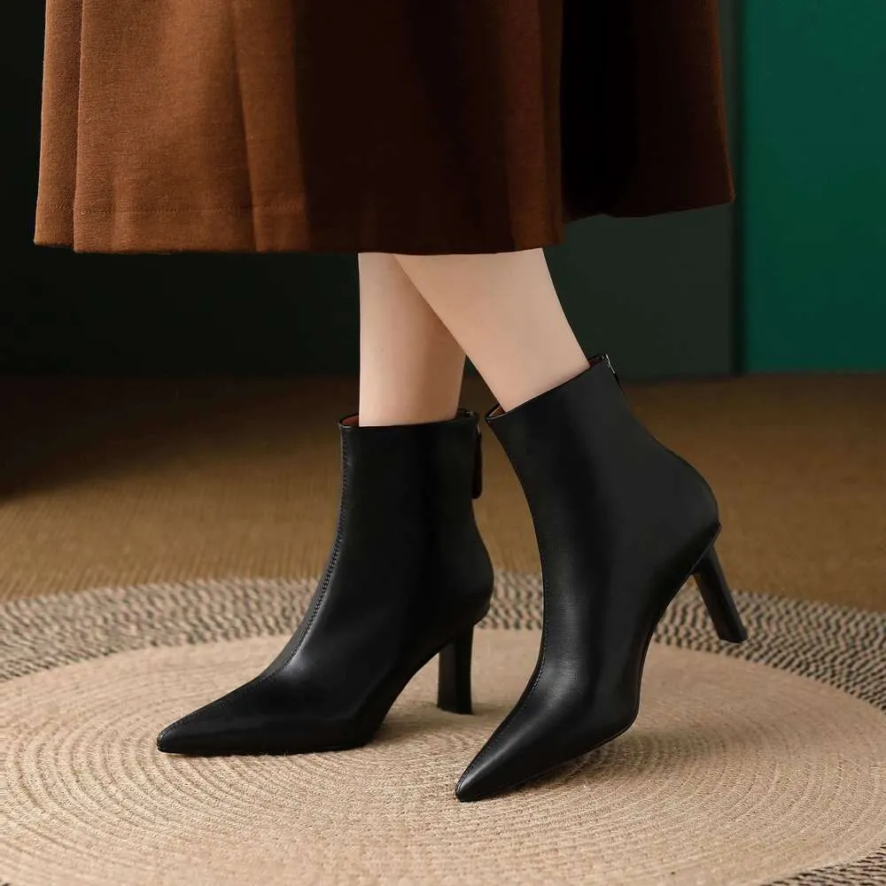 Cow Leather Pointed Toe High Heels Zipper Modern Warm Winter Shoes Concise Fashion Solid Elegant Ankle Boots_voghion.com