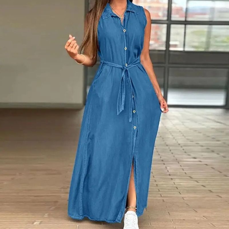 women's clothing temperament casual lapel sleeveless waist tie denim dress_voghion.com