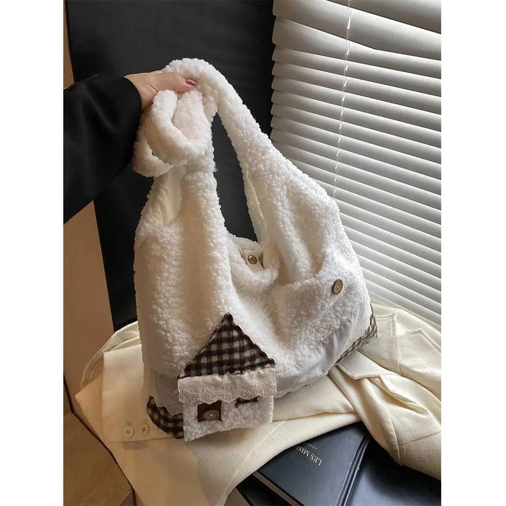 Vrouwen schattige fleece patchwork cartoon patroon effen pluche schoudertas grote capaciteit vrouwelijke forensen Veet handvat_voghion.com