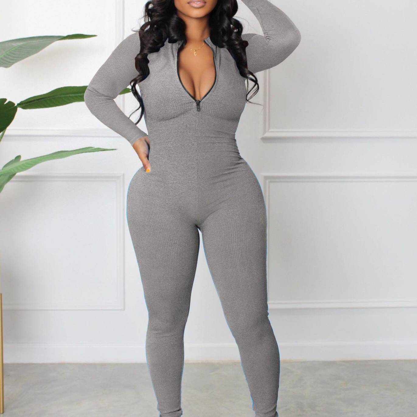 Damen Jumpsuit Elegant Mit Reißverschluss Und Hoher Taille_voghion.com
