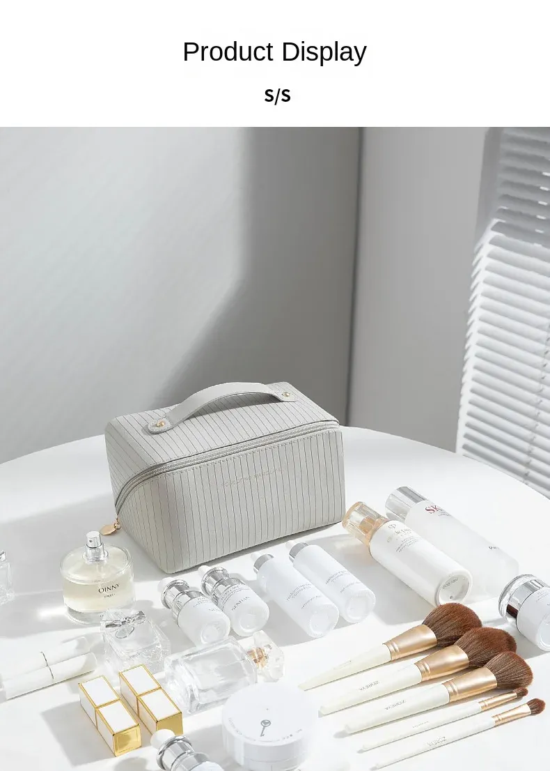 Nuovo arrivo, cuscino a righe verticali, da donna, grande capacità, portatile, organizer da viaggio per trucchi e articoli da toeletta._voghion.com