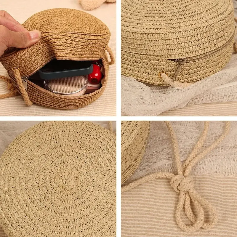 Runde Umhängetasche Stroh für Damen, gewebte Strandtasche aus Rattan, handgefertigt, gestrickt, kleine Handtasche in_voghion.com