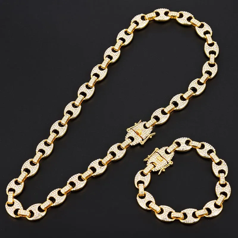 Gargantilla de cadena de eslabones y pulsera con diamantes de imitación y circonita cúbica helada en forma de grano de café brillante para hombre, joyería de estilo hip hop_voghion.com