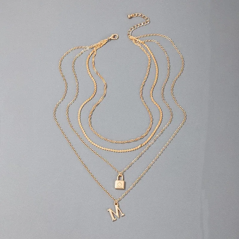 Catene Trendy Lettera Lucchetto Pendente Collana Per Le Donne Charms Multistrato Oro Colore Lega Geometria Regolabile Gioielli_voghion.com