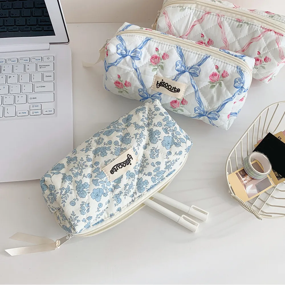 Borsa da trucco con cerniera, grande capacità, portatile, per cosmetici da donna, con fiocco e fiore, per ragazze._voghion.com