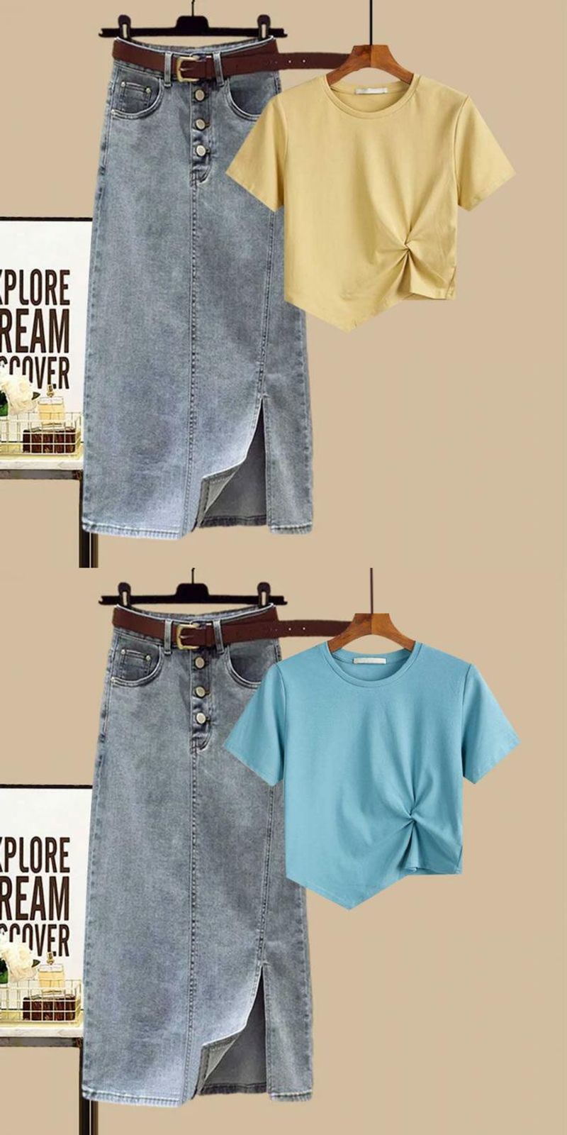 summer suits new irregular short tops women's slim denim skirt two-piece suit_voghion.com
